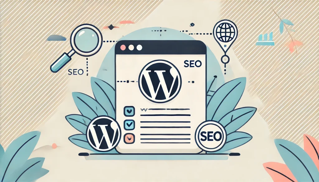 เริ่มต้น WordPress กับ SEO การเริ่มต้นใช้ WordPress ร่วมกับ SEO ด้วยการออกแบบที่เรียบง่ายและสะอาดตา พร้อมโลโก้ WordPress และไอคอน SEO
